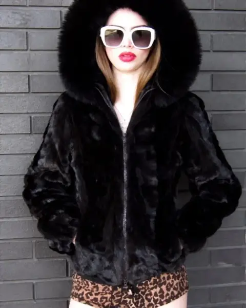 Brown Mink Short Parka with Fox Trim Hood